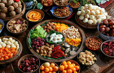 Wall Mural - A plate of delicacies, including traditional pastries and dried fruits decorated with various nuts, dried fruit slices, oranges, walnuts, sweet red dates and lotus seeds.