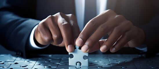 Businessman hand connecting jigsaw puzzle