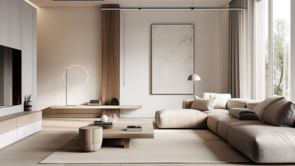 Wall Mural - Cool living room with modern decor. Real estate, villa, minimalist room, sofa, copy space, mock-up