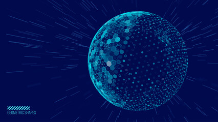 Geometric Dome Shield on a Dark Background. Futuristic Glowing Protection 3D Sphere. Technology Style HUD Design Element. Hexagon Force Field Shield. Vector Illustration. Digital Security Concept.