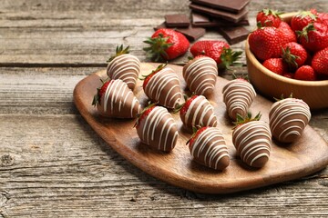 Wall Mural - Delicious chocolate covered strawberries on wooden table. Space for text