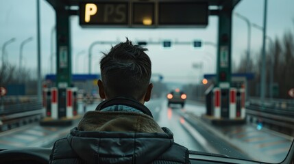 Driver at a toll booth with no attendant, looking perplexed