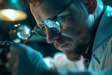 Aufkleber - A researcher in a lab coat employs a microscope and lab equipment denoting science and exploration