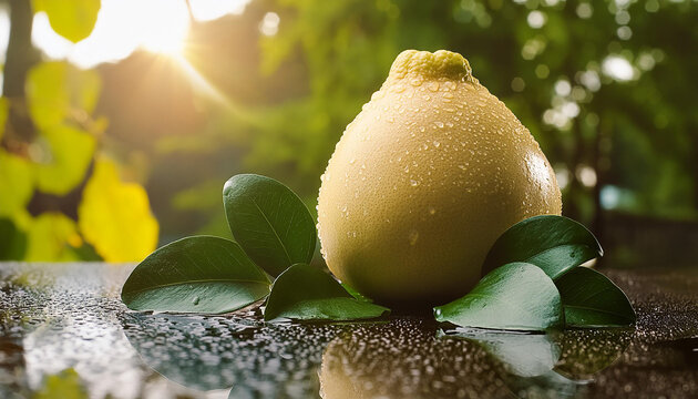 ripe pomelo and leaves on wet surface. organic and tasty fruit. natural and healthy food. close-up
