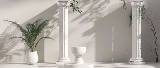 The image is a 3D rendering of a white classical interior with columns, plants, and a vase.