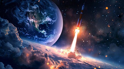 Wall Mural - Celestial Launch: A Spacecraft Ascends from a Distant Planet