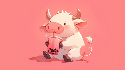 Sticker - 2d illustration of an adorable cow enjoying a delicious boba drink