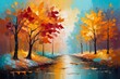 © AkosHorvathWorks - Colorful abstract autumn landscape forest wood trees painting with vibrant colors, seasonal theme concept texture design.