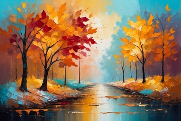 Colorful abstract autumn landscape forest wood trees painting with vibrant colors, seasonal theme concept texture design.