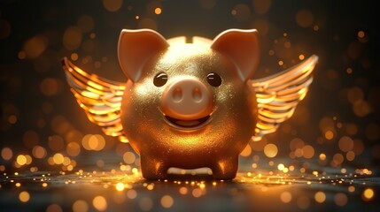 Wall Mural - An illustration of a golden piggy bank with wings, symbolizing prosperous savings.