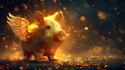 Wall Mural - An illustration of a golden piggy bank with wings, symbolizing prosperous savings.