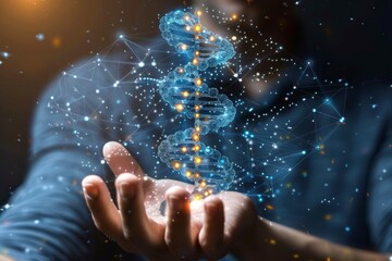 Poster - Mesmerizing visualization of glowing DNA helix floating above hands in dark environment with futuristic lights and particle effects, symbolizing innovation in genetic research