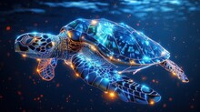Abstract Swimming Sea Turtle In Polygons On Technology Blue Background