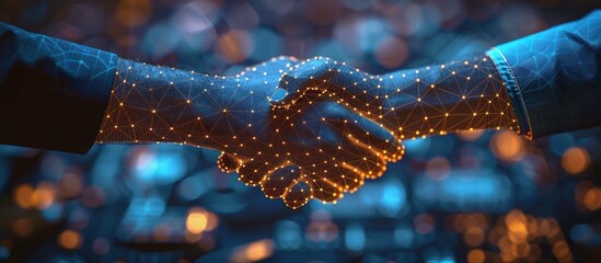 Digital handshake on blue technology background