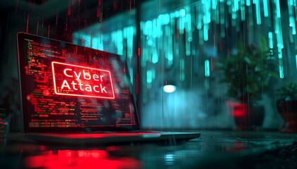 laptop screen displaying a red  Cyber Attack alert .on a background shows digital rain falling in green and blue hues, urgency and danger, malware. Cyber security, Cyber crime concept.
