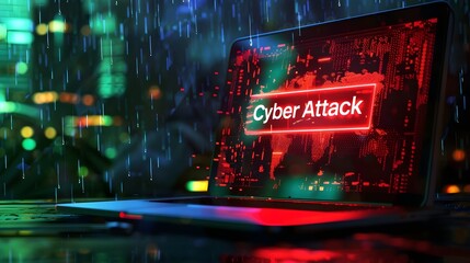 laptop screen displaying a red  Cyber Attack alert .on a background shows digital rain falling in green and blue hues, urgency and danger, malware. Cyber security, Cyber crime concept.
