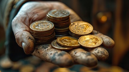 Wall Mural - An image of a hand holding a stack of coins.