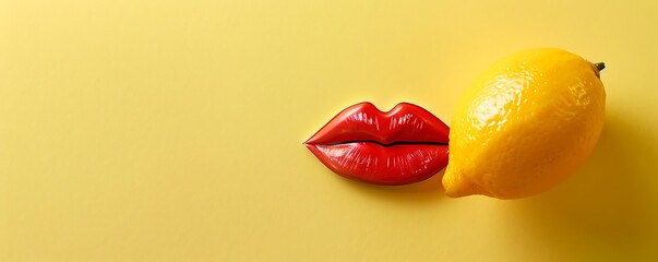 kissing emoji on a lemon yellow background with space for copy The emoji is bright red with puckered lips