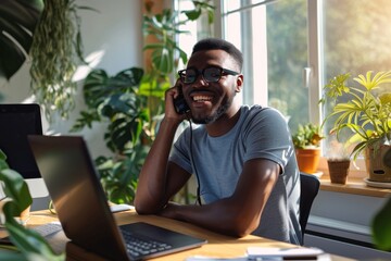 A  customer support agent working from the comfort of their home, smiling confidently while assisting a satisfied client over the phone