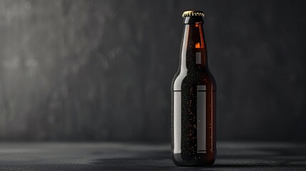 A single brown beer bottle with a blank label on a dark, moody background, focused lighting highlighting the bottle's texture and detail.