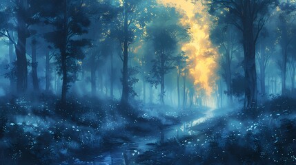 Wall Mural - an enchanted forest with soft liquid hues filtering through the trees