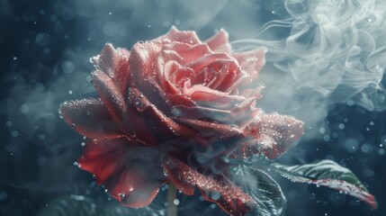 Wall Mural - A rose with a spray of water on it is surrounded by smoke