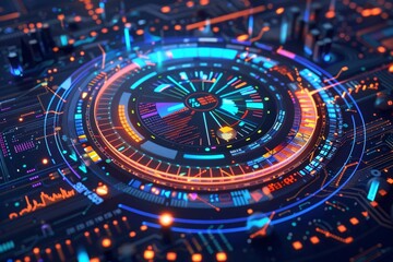 Wall Mural - Cybernetic HUD with Interconnected Circles and Graphics