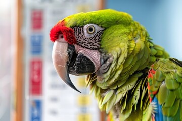 Wall Mural - A close-up of a macaw parrot with intense detail on feathers, showcasing its beautiful eye and coloring