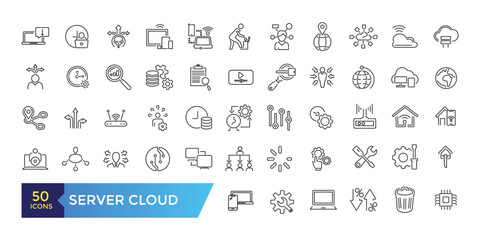 Server Cloud and data exchange icon set. Related to traffic, files, cloud, server. Outline icon collection. Editable stroke. Vector illustration