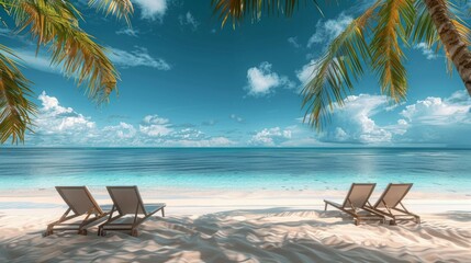 A beach scene with three lounge chairs and a palm tree in the background