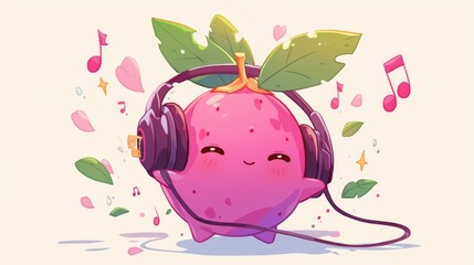 Wall Mural - A charming cartoon mascot of a mangosteen fruit is jamming out to some tunes by grooving to the beat