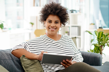 portrait, tablet and black woman in office with connection for social media, psychology article and 