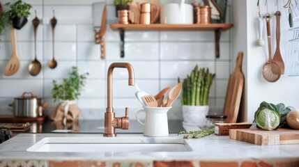 Metal copper water faucet over white ceramic sink.