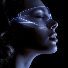 Sticker - Side profile of a woman wearing futuristic glasses with glowing elements, symbolizing advanced technology and innovation