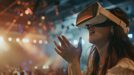 A casually dressed Asian woman uses VR goggles to watch a live concert, feeling the excitement of the virtual reality show in a unique way.