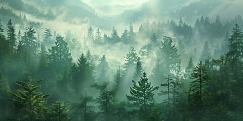 Wall Mural - Misty Forest: A Serene Morning in the Mountains