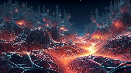 Wall Mural - an anatomical heart made of wires and circuits is connected to an ai system, as light trails depict 