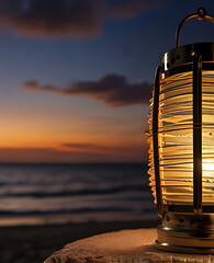 Wall Mural - Arabic lantern with burning candle on sand beach with blurry sunset sky background