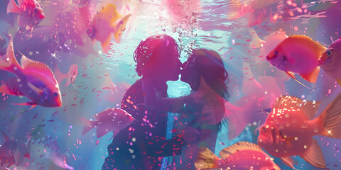 Underwater Kiss: A couple sharing a kiss underwater, with pastel-colored fish swimming around them, creating a magical and ethereal scene