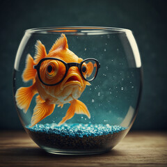 A goldfish in a bowl wearing glasses and looking aghast at the world he sees outside.