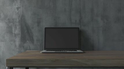 Wall Mural - A laptop is sitting on a wooden table in front of a wall