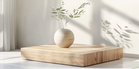 Wall Mural - natural wood podium table, empty wooden podium on white wall  background with shadow leaves, Empty or blank minimal wooden table counter,  for product presentation