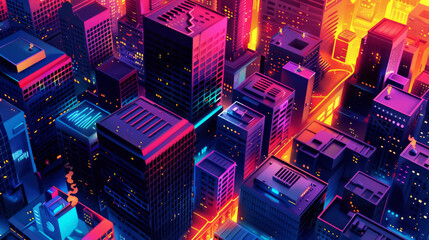 Sticker - Title: Colorful Digital Cityscape with Modern Skyscrapers and Vibrant Lighting