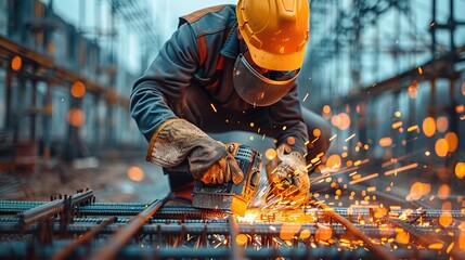 Poster - construction worker in a hard hat and safety goggles cutting through metal rebar with a portable angle grinder at a construction site