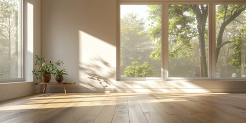 white empty room with shadow window and green plant on white wall luxury background and wooden floor