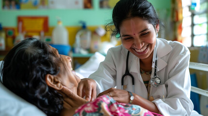 Indian doctor smiling as she supports and holds the hand of an elderly female patient