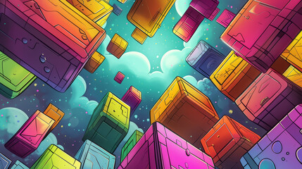 Sticker - Title: Colorful Urban Scene with Dynamic Geometric Buildings