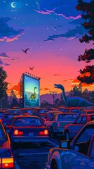 Colorful evening at a drive-in theater with a dinosaur movie playing, cars parked and a vibrant sunset in the background.