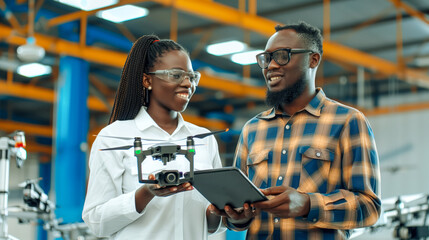 Poster - Tow man and woman engineers discussing with drone on hand