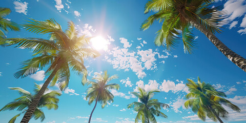 Tropical palm trees against a background of blue sky and bright sun